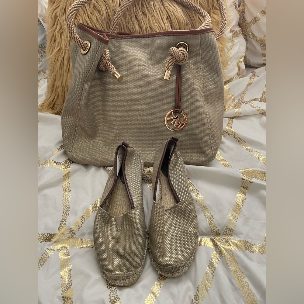 Michael Kors Gold Metallic Canvas bag with matching Espadrilles.